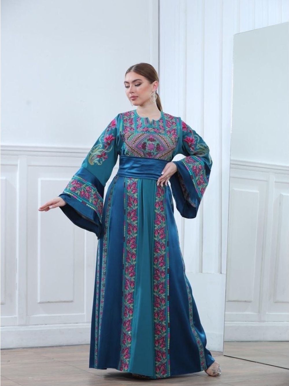 Teal Floral Embroidered Maxi Dress with Sash